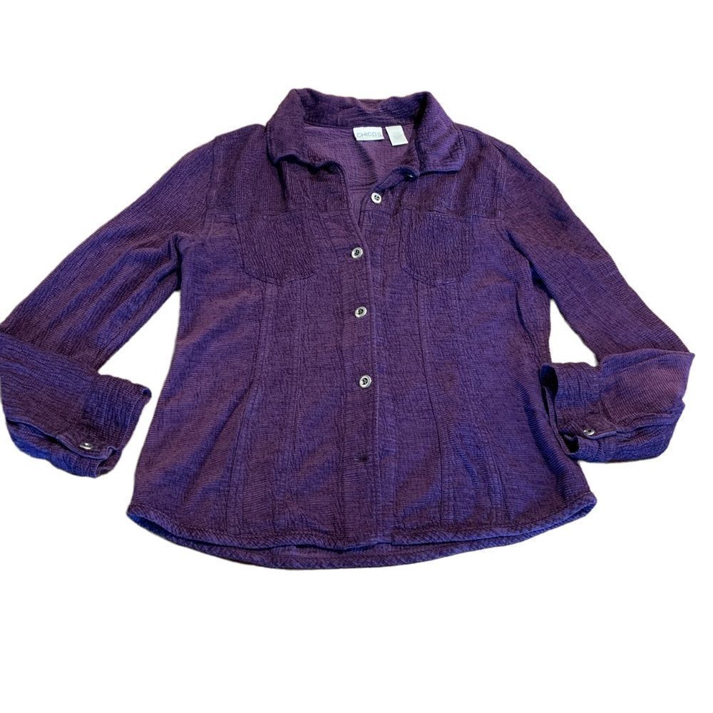 Chico’s Purple Silk Blend Button Up Long Sleeve Crinkle Top Small Chico’s size 1